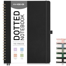 AHGXG Bullet Dotted Journal Spiral Notebook 8.5" x 11", Large A4 Leather Hardcover Dotted Notebook, 100 GSM Thick Dot Grid Paper, Inner Pocket, for Bullet Journaling, Black