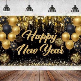 New Year Decorations – Black and Gold Happy New Year Banner, 71 x 43 Inches Large Hanging Backdrop with Ribbon for 2025 Celebration Party Supplies