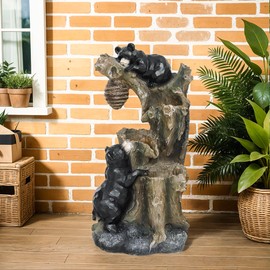 Outsunny 22.4" Tall Outdoor Water Fountain, 3-Tier Floor Standing Resin Bears and Honey Beehive Tree Waterfall Fountain with LED Lights, Pump for Garden, Patio, Backyard