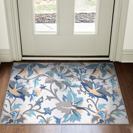 GENIMO Entryway Rug Floral Rug for Entryway, 2x3 Washable Door Mat Non Slip, Thin Floor Rugs for Entryway Hallway Bathroom Laundry Room Corridor, Gray/Blue
