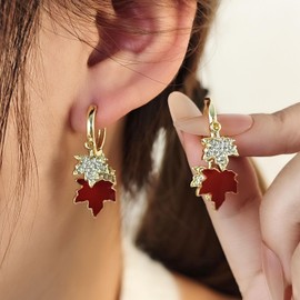 Maple Leaf Earrings for Women Autumn Thanksgiving Earrings Red Crystal Maple Leaf Dangle Earrings Thanksgiving Jewelry Gifts for Women (Red A)