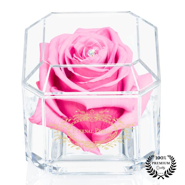 Eternal Petals A 100% Real Rose That Lasts Years, Handmade in UK – Gold Solo with A Multicolour Swarovski Crystal (Pink)