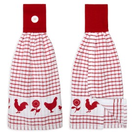 Cackleberry Home Backyard Chickens Hanging Tie Kitchen Dish Hand Towels with Button Accent, Windowpane Check Cotton Terrycloth Fabric – Set of 2 (Red)