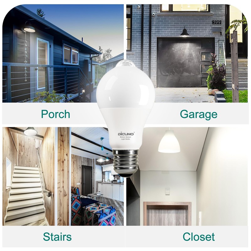 DiCUNO PIR Motion Sensor Light Bulbs Outdoor, 8W (60W Equivalent),