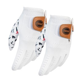 DEGA Golf Gloves 2 Pack 100% Cabretta Leather Golf Glove Men Left Hand Thumb Printed Designs (M/L, Golf Iconic)