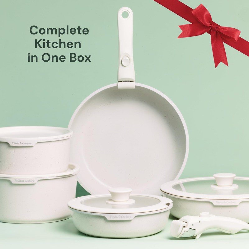 Pinnacle Cookery 15-Piece White Granite Nonstick Cookware Set – Detachable