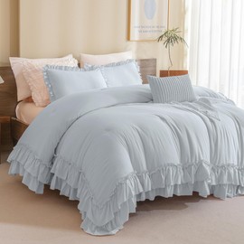 Queen's House Light Blue Ruffled Comforter Set Queen Size, Lightweight Microfiber Inner Fill Fluffy Country Rustic Coquette Bedding