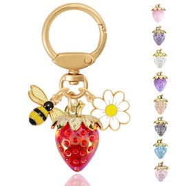ANHBKAR Strawberry Bag Charm with Flower & Bee for Handbags or Wallet - Cute Strawberry Keychain Accessories for Women, Girls (RED)
