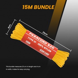 Abma Cord Paracord 620 lbs 4 mm 15 m 100% Nylon Rope Type 3 Cord with 9 Core for Crafts, Camping, Survival, Outdoor - Max. 280 kg - Golden Yellow