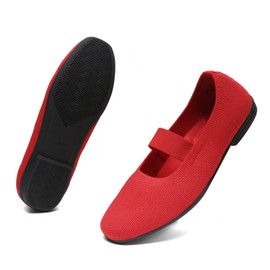 DEXJEWU Women’s Flats Shoes Knit Mary Jane Ballet Flat Comfort Walking Dressy Work Office Ballerina Slip-on Shoes with Strap, 027 Red, 6 US