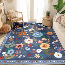 RELEANY Floral 5x7 Area Rug Machine Washable Boho Carpet Non Slip Doormat Low Pile Flower Area Rugs for Living Room Bedroom Kitchen Dining Room Hallway Entryway Indoor-Grey/Blue