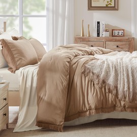 Andency Taupe Comforter Set Queen, 3 Pieces Boho Tassel Lightweight Bedding Comforter Sets, Tan All Season Soft Fluffy Fringe Bed Set (90x90In Comforter & 2 Pillowcases)