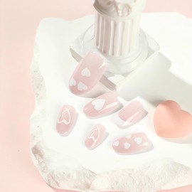 White Heart Press on Nails Almond Valentine’s Day Fake Nails Glossy White French False Nail Tips Cute Artificial Nails Short Almond Glue on Nails Glossy Finish Valentines Nails for Women 24Pcs