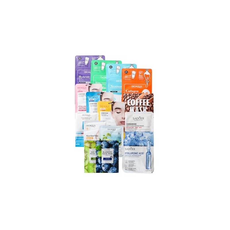 SUPER PACK 15 MASCARILLAS FACIALES COREANAS SURTIDAS COLAGENO, PEPTIDOS, ACIDO