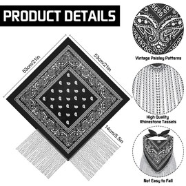 KABAKE 2 Pcs Disco Fringed Bandana Cowgirl Rhinestone Fringe Paisley Scarf Wedding Bride Accessories for Disco Bachelorette Party (Color #2)