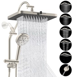 Hibbent Upgraded 13'' Shower Head Combo, High Pressure 5 Spray Rainfall Showerhead, 10 Spray Mode Handheld, All Metal Easy Reach 4-way Diverter with Pause Mode, 71'' Hose and Holder, Brushed Nickel