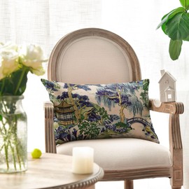 AVOIN colorlife Chinoiserie Blue Trees House Bridge Throw Pillow Cover, 12 x 20 Inch Cushion Case Outdoor Decoration for Sofa Couch Farmhouse