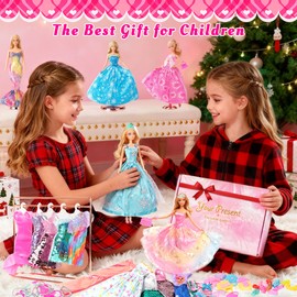120Pcs Doll Clothes and Accessories, 5 Wedding Gowns 21 Dresses Including Evening Gowns, Fish Scale Skirts, Fashion Dresses, Swimsuits, Shoes, Hangers for Christmas Stocking Stuffers Girls Gift Age 3+