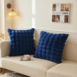 LIFEREVO Set of 2 Soft Faux Rabbit Fur Decorative Throw Pillow Covers 26x26, Luxury Plush Shaggy Bubble Euro Pillow Shams with Zipper, Furry Accent Cushion Covers for Home Bed Sofa Couch, Navy Blue
