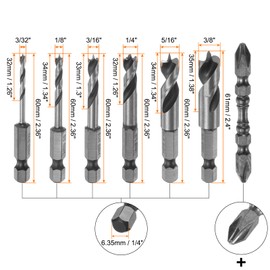 HARFINGTON 6pcs Brad Point Drill Bits 3/8"-3/32" Dia 1/4" Hex Shank Stubby Drill Bit High-Speed Steel 1.38"-1.26" Working Length Spiral Twist Drilling Tool for Woodworking Plywood Plastic