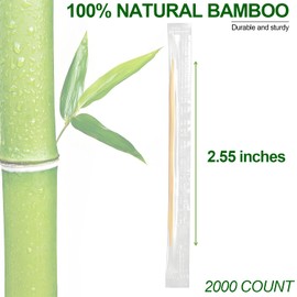 LOCIUN Bamboo Toothpicks – 2000 Count, Individually Wrapped, Dual-Pointed Tips, 2.55 Inch, Disposable & Sanitary, Ideal for Dental Care, Food Picking, Home, Restaurant, and Travel