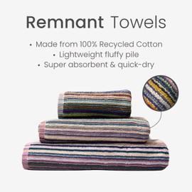 Odyssey 100% Recycled Cotton Bath Towel Set - Multi Coloured Remnant Yarn Stripe, Absorbent, Quick Dry, 2 x Bath Towels 70 x 120cm, Lightweight 400GSM