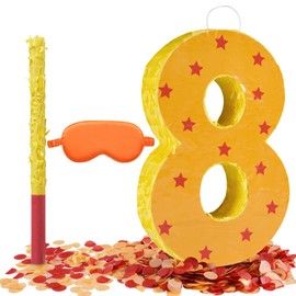 Orange and Red Star Number 8 Pinata, 16 Inch Piñata for 8th Birthday Party Decorations with Stick, Blindfold and Confetti (15.7 inch Number 8 Pinata)