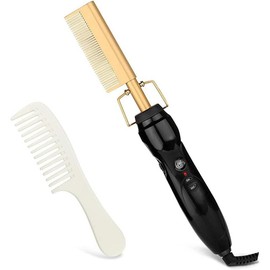 Hot Comb Anti-Scald Ceramic Heated Hair Styling Tool - Straightener, Curler, Travel-Friendly Beard Pressing Comb - Color: Gold