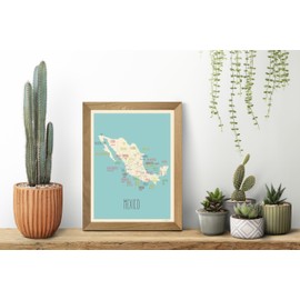 Kindred Sol Collective - Map Of Mexico - Póster artístico de mapa de pared de México (11 x 14 pulgadas arte de mapa de México para viajeros, niños, decoración de pared, aulas, salas de juegos o