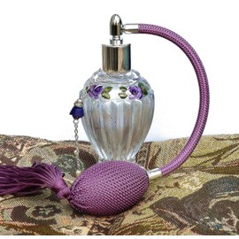 Silver Vintage Style Victorian Glass Perfume Bottle Atomizer Bulb with Tassel Hand Painted Lavender Roses Romantic Decor