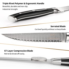 Steak Knife Set of 8, Damascus VG10 Steel Serrated Steak Knives 5-Inch - Triple Rivet ABS Handles with Wooden Case
