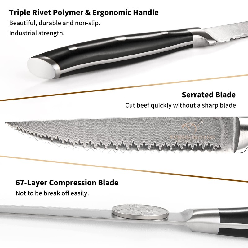 Steak Knife Set of 8, Damascus VG10 Steel Serrated Steak