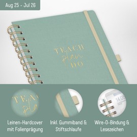 Häfft® Teacher Planner 2025/2026 A5+ Deluxe "Green Canvas" Hardcover Teacher's Calendar, School Year Planner with Spiral Bound, School Planner with Linen Cover - Sustainable & Climate Friendly