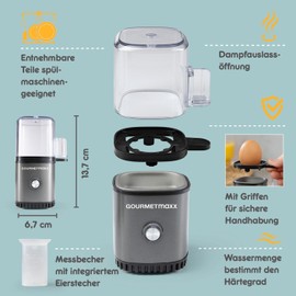 GOURMETmaxx Eierkocher für 1 Ei | Egg Boiler mit Eierstecher im Messbecher | Egg Cooker – 3 Härtegrade für deinen Eierbecher | Design Eierkocher klein – spülmaschinenfeste Teile