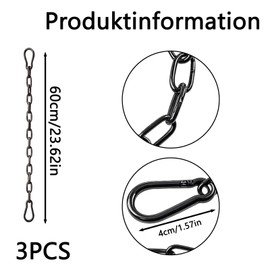 Edelstahlkette 3 Stück Mit Karabinerhaken, 60cm Länge × 3mm Stärke, 40 Kg Belastbarkeit, Rostfreie Gliederkette Für Zauntore, Gartentore, Haustierkäfige (Schwarz)