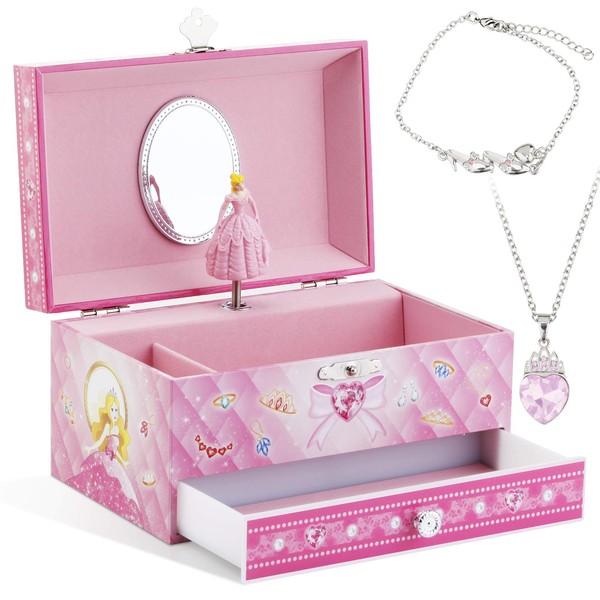 RR ROUND RICH DESIGN Kids Musical Jewelry Box for Girls with Big Drawer and Jewelry Set with Cute Princess Theme - Beautiful Dreamer Tune Pink