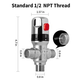 Thermostatic Mixing Valve, 1/2 NPT Threaded Water Temperature Control Valve, Galvanized Brass, for Bathroom Shower, Kitchen Faucet, Washroom, Laundry