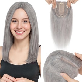 SEGO Grey Hair Toppers for Women Real Human Hair No Bangs, 10 * 12 CM Silk Base Clip In Topper Wiglet, Top Pieces for Women with Thinning Hair -6 Inch G1 Silver Grey