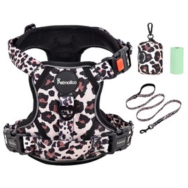 Petmolico No Pull Dog Harness Set with Leash Attachment Easy Control Handle Reflective Harness Vest Small Breed, Puppy Vest and Leash Set with Poop Bag Holder, Small - Leopard