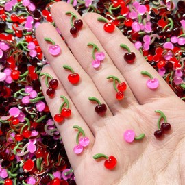 BQZQPAMZ 100Pcs Cute Cherry Nail Charms Resin Cherry Nails Rhinestones 3D Colorful Summer Fruit Nails Diamond Crystal Acrylic Nail Decorations for Women Summer Nail Art Supplies
