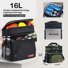 JOINGO Lunch Box For Men/Women,Large Double-layer Insulated Expandable Reusable Leakproof Cooler Bags For Adults,Lunch Box With Adjustable Shoulder Strap For Office Travel Picnic(Green)