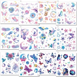 CHARLENT 110 Glitter Styles Temporary Tattoos for Girls Women - 12 Sheets Glitter Dream Butterfly Moon Fairy Unicorn Mermaid Temporary Tattoos for Girls Party Favors Festival Makeup