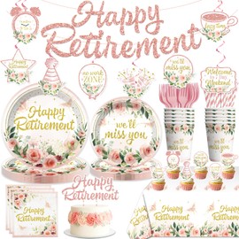 152pcs Floral Retirement Decorations for Women Tableware Set, 20 Serves Disposable Retirement Plates and Napkins Sets, with 2pcs Tablecloth, Pre-strung Banner for We Will Miss You Decorations
