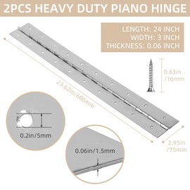 2 Pack Heavy Duty Piano Hinges, 24 Inch x 3 Inch Open Width Stainless Steel Piano Hinge 0.06" Thick Sliver Continuous & Piano Hinges with Screws for Wood Furniture, Door, Wooden Box