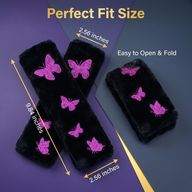 Prestrix Butterfly Glitter Seat Belt Strap Cover Pad, Fluffy Purple