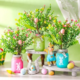 Pickmesh 3 Set Easter Mason Jars Table Centerpiece for Dinning Table with Easter Eggs Decor & Bunny Tags, Holiday Table Decor, Spring Decorations for Home, Artificial Flowers & Berries