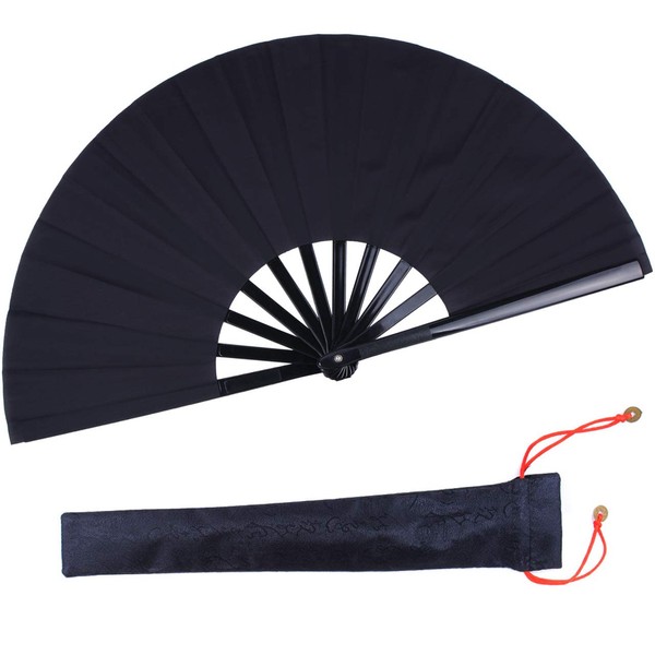 Abanico plegable negro grande de mano chino Kung Fu Tai Chi de plástico y nailon plegable para hombres con una funda de tela para protección de 13 pulgadas