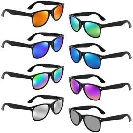 8 Pack Kids Neon Colors Party Favor Supplies Unisex Sunglasses, Black Mirrored
