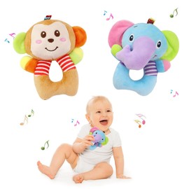 Baby Car Seat Toys, Infant Soft Plush Rattle, Cute Animal Doll,Early Development Hanging Stroller Toys for Newborn Boys Girls Gifts (2 PCS-E)