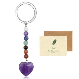 SwirlColor Crystal Keyring, 7 Chakra Amethyst Healing Crystal Keychain Natural Crystal Gemstone Heart Pendant Keyrings for Women Girls Bag Charms, with a Card